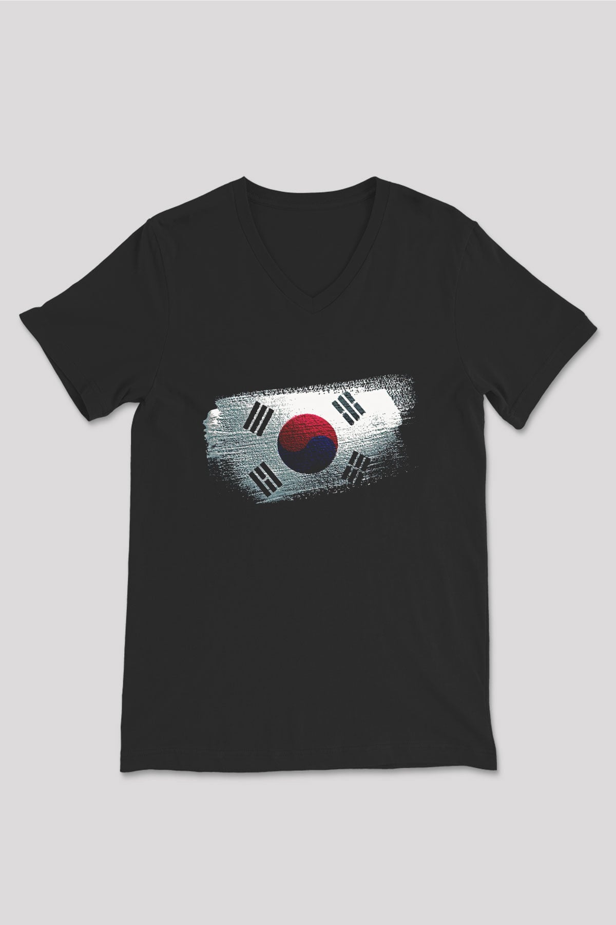 Güney Kore - South Korea Bayrağı Baskılı Unisex Siyah V Yaka Tişört