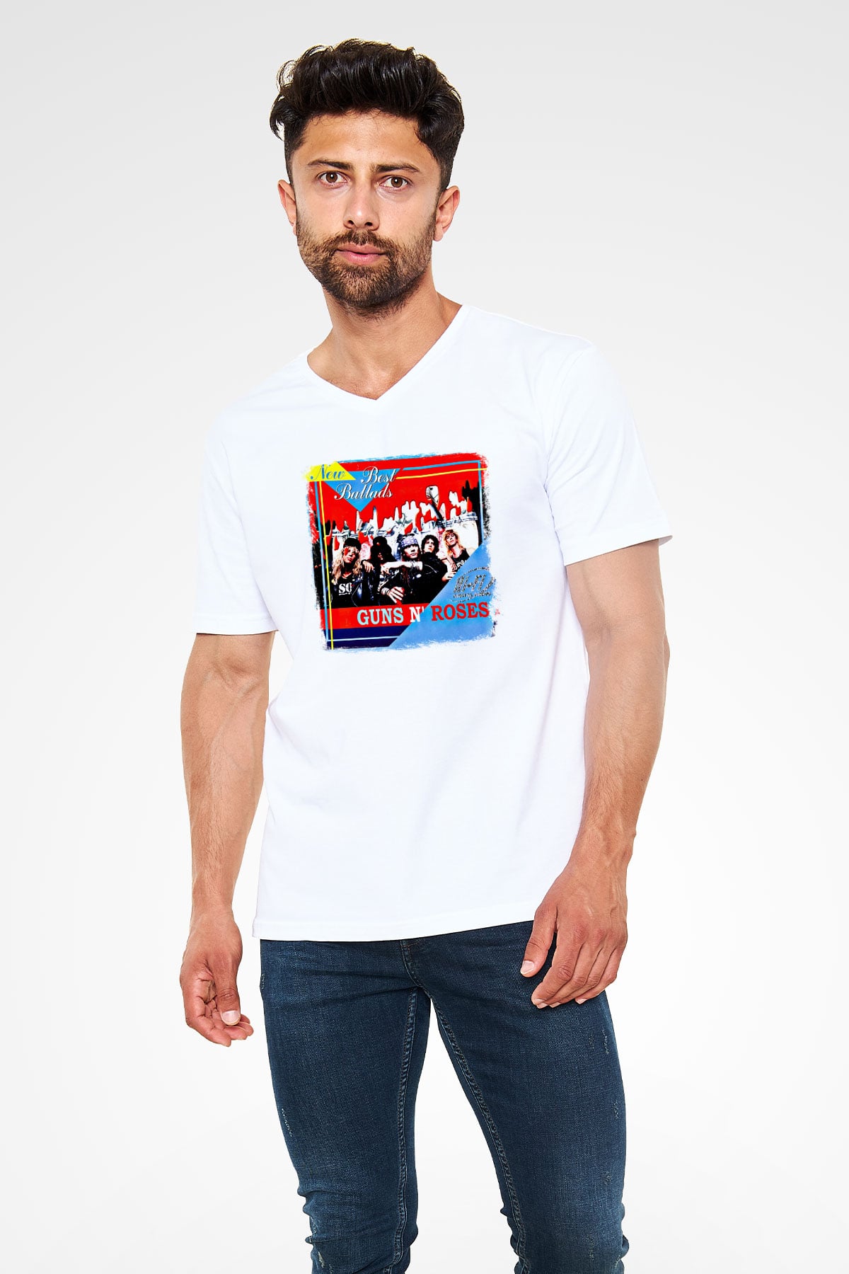 Guns N Roses Baskılı Unisex Beyaz V Yaka Tişört
