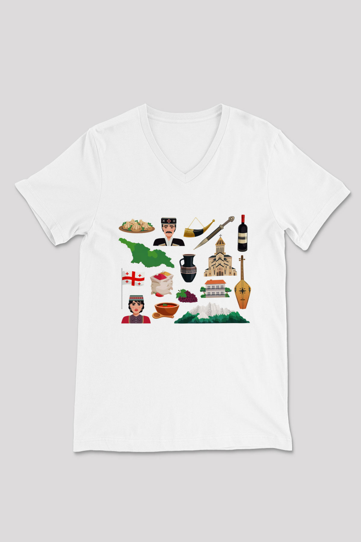 Gürcistan Beyaz Unisex V Yaka Tişört T-Shirt