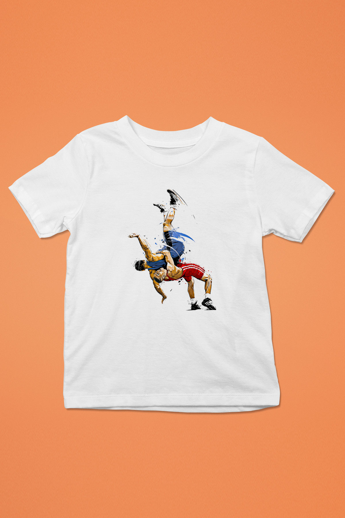 Güreş Baskılı Unisex Beyaz Çocuk Tişört - Tshirt