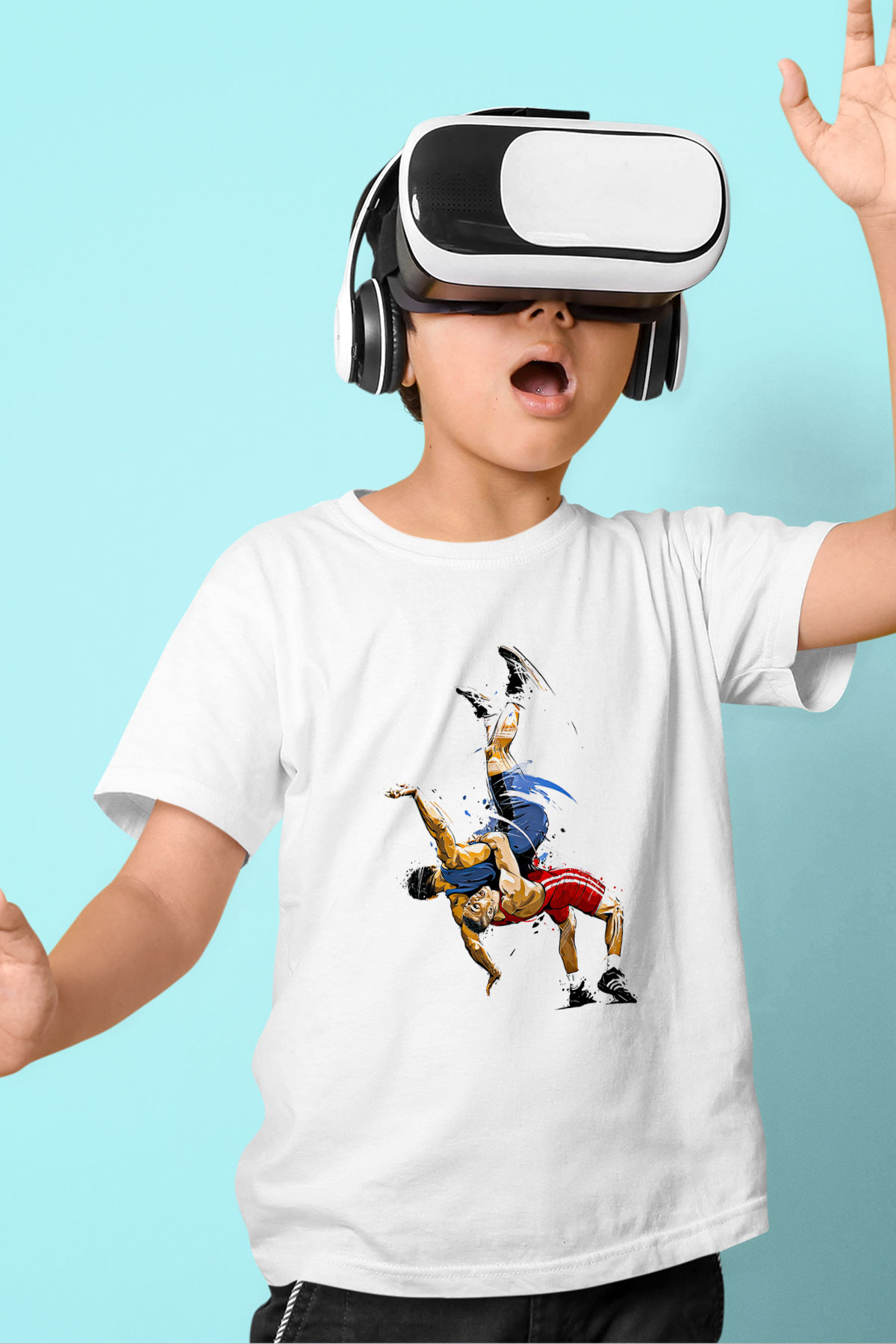 Güreş Baskılı Unisex Beyaz Çocuk Tişört - Tshirt
