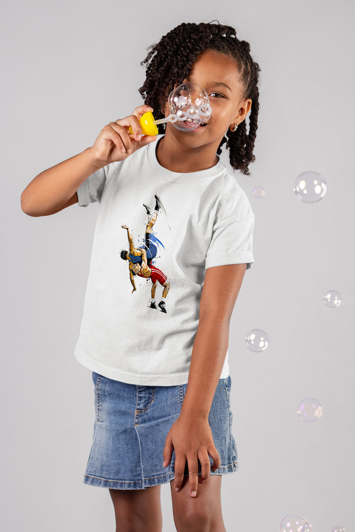 Güreş Baskılı Unisex Beyaz Çocuk Tişört - Tshirt