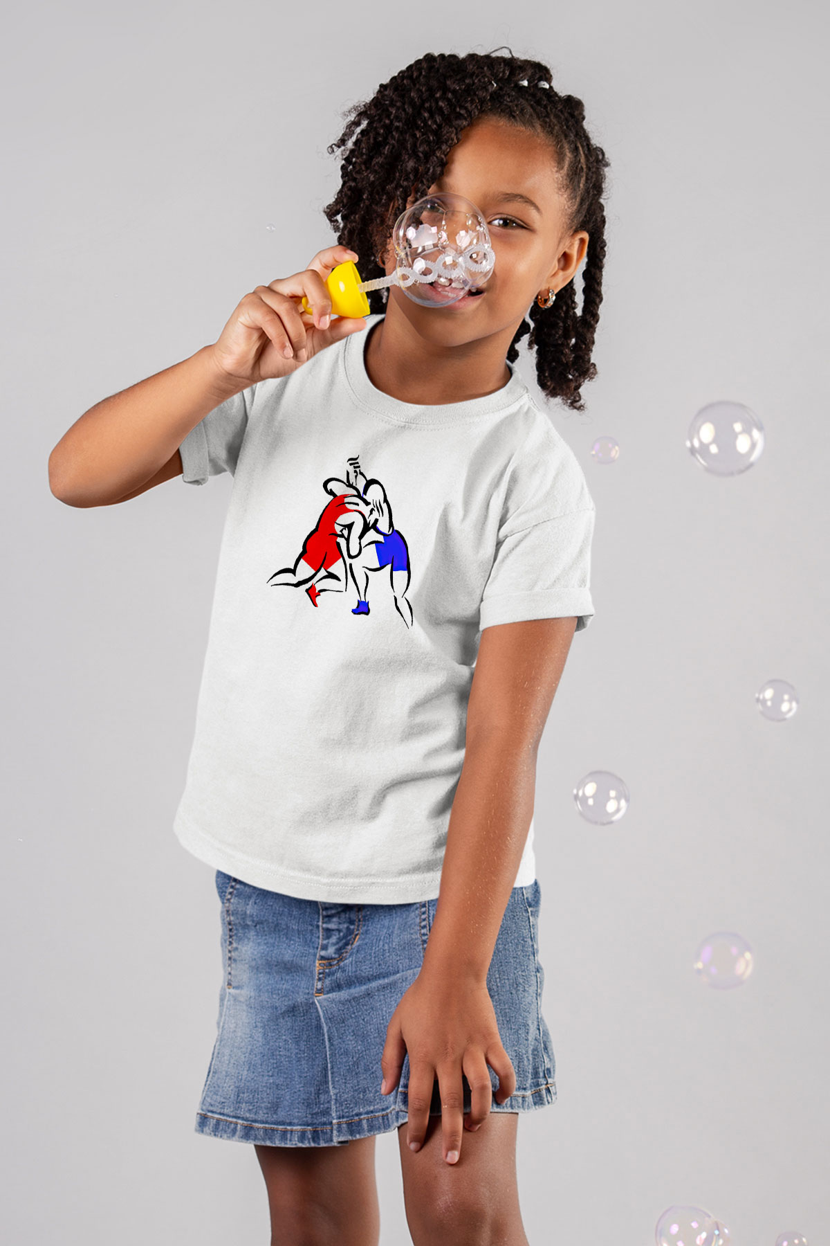 Güreş Baskılı Unisex Beyaz Çocuk Tişört - Tshirt