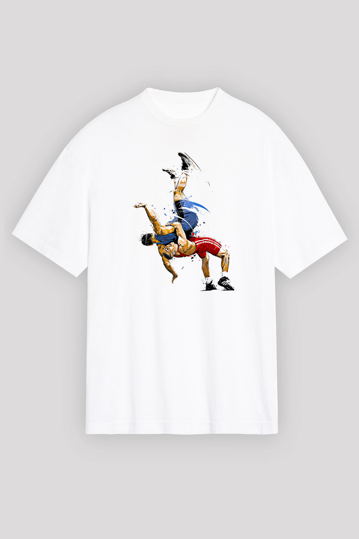 Güreş Baskılı Unisex Beyaz Oversize Tişört - Tshirt