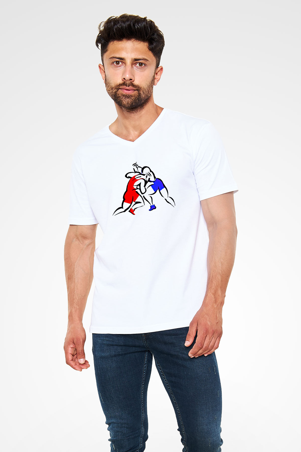 Güreş Baskılı Unisex V Yaka Tişört - Tshirt