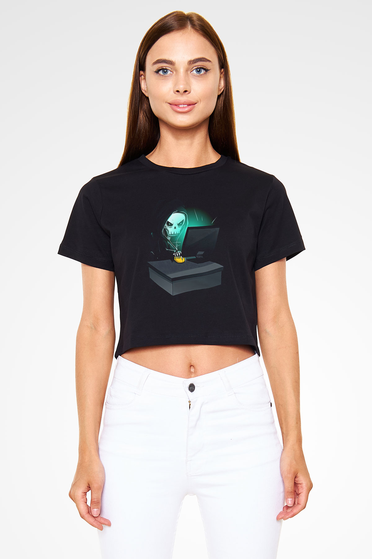 Hacker Baskılı Siyah Crop Top Kadın Tişört - Tshirt
