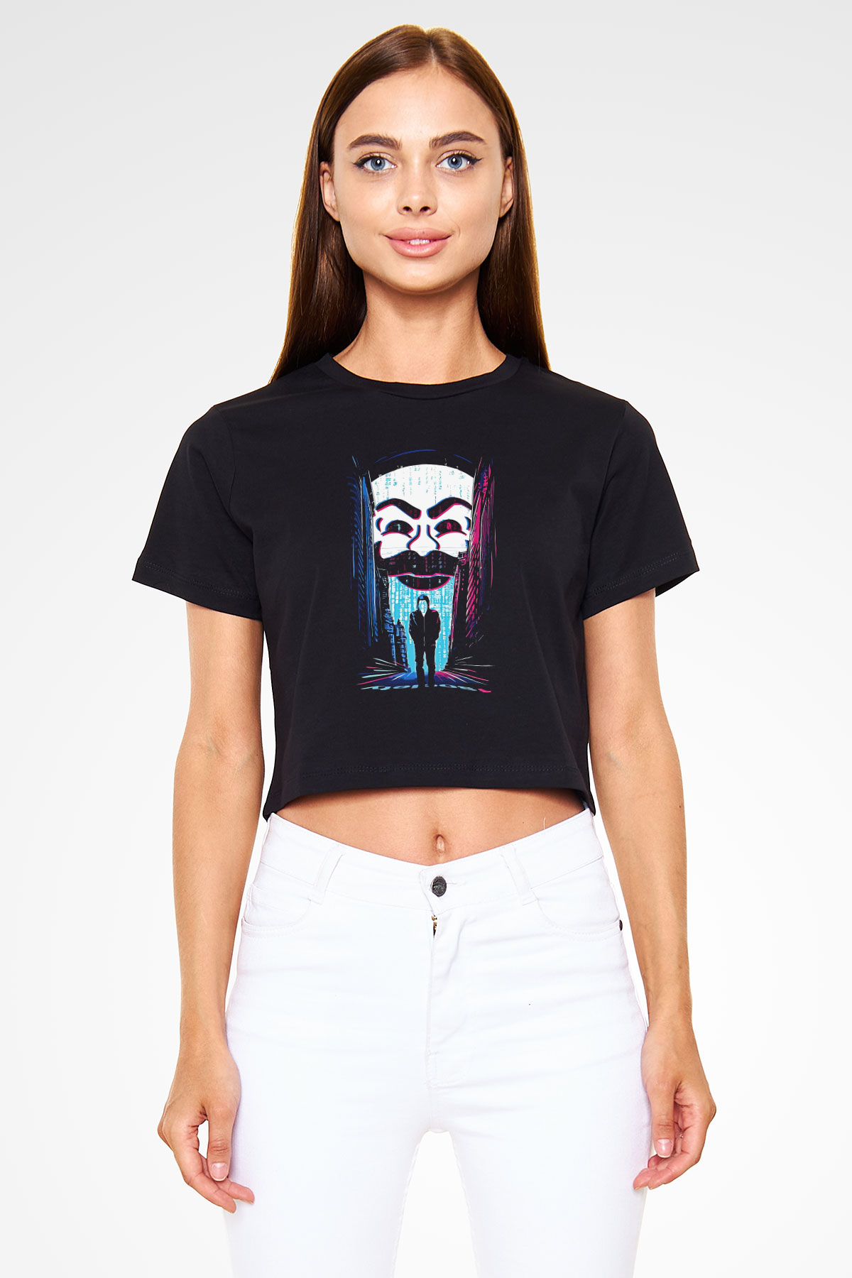 Hacker Baskılı Siyah Crop Top Kadın Tişört - Tshirt