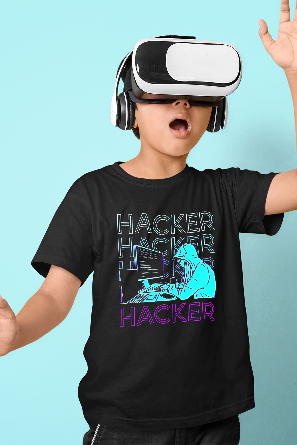 Hacker Baskılı Unisex Siyah Çocuk Tişört - Tshirt