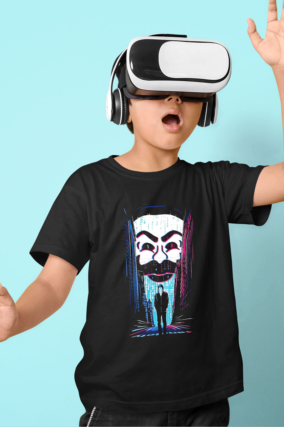 Hacker Baskılı Unisex Siyah Çocuk Tişört - Tshirt