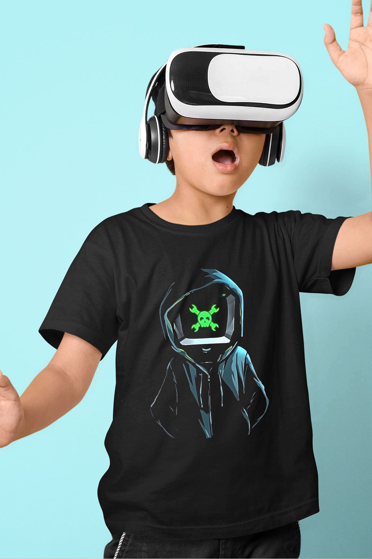 Hacker Baskılı Unisex Siyah Çocuk Tişört - Tshirt