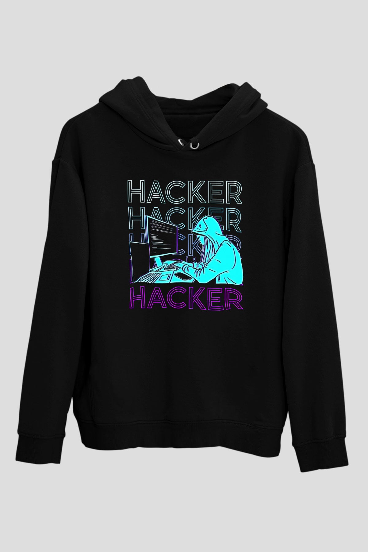 Hacker Baskılı Unisex Siyah Hoodie