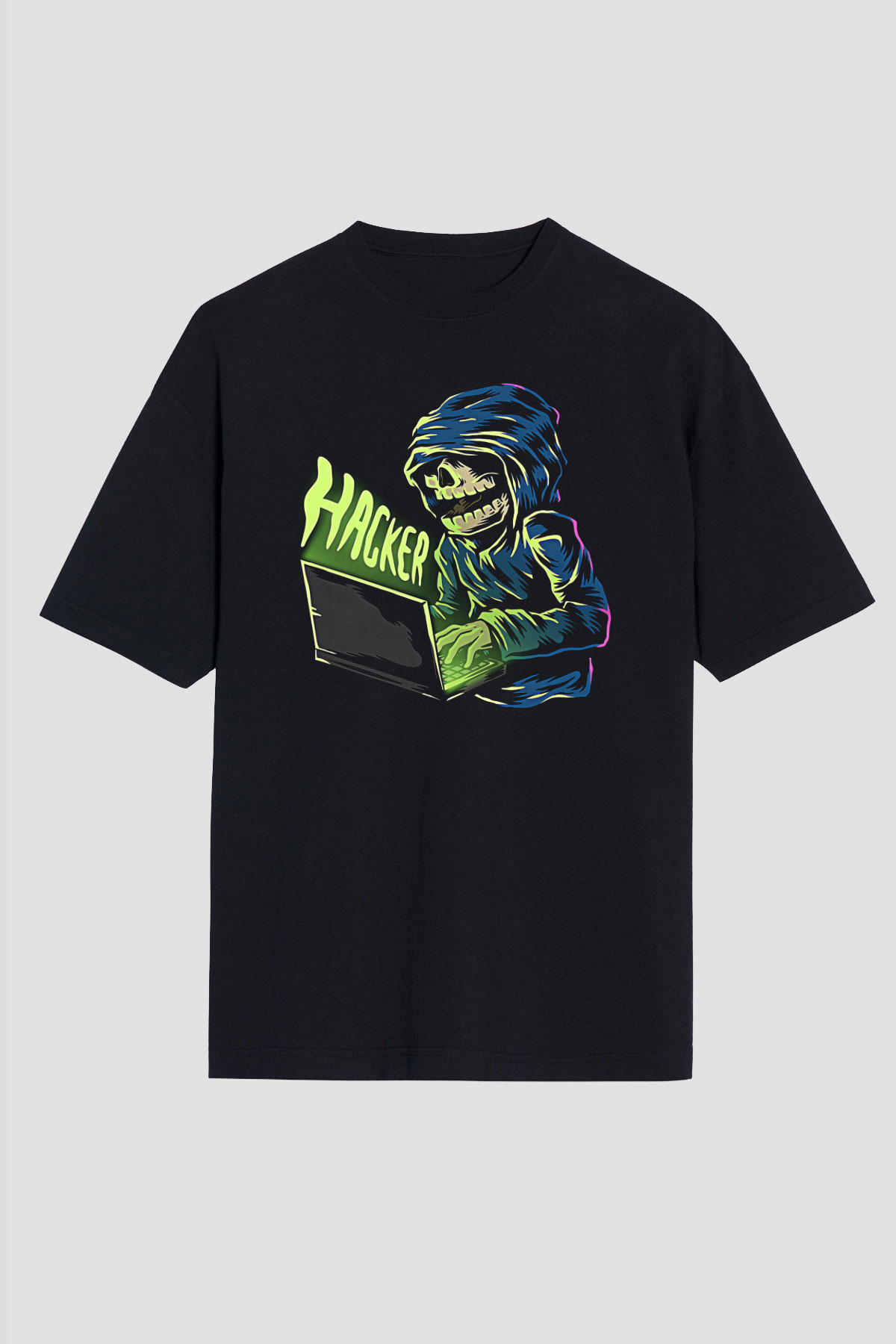 Hacker Baskılı Unisex Siyah Oversize Tişört - Tshirt