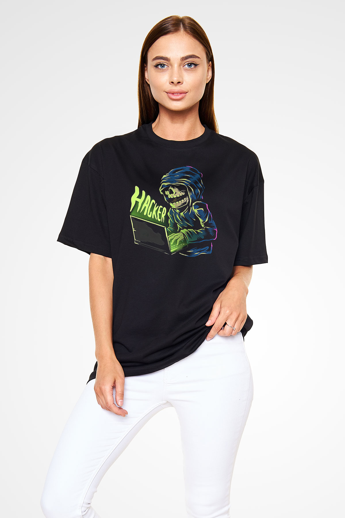 Hacker Baskılı Unisex Siyah Oversize Tişört - Tshirt