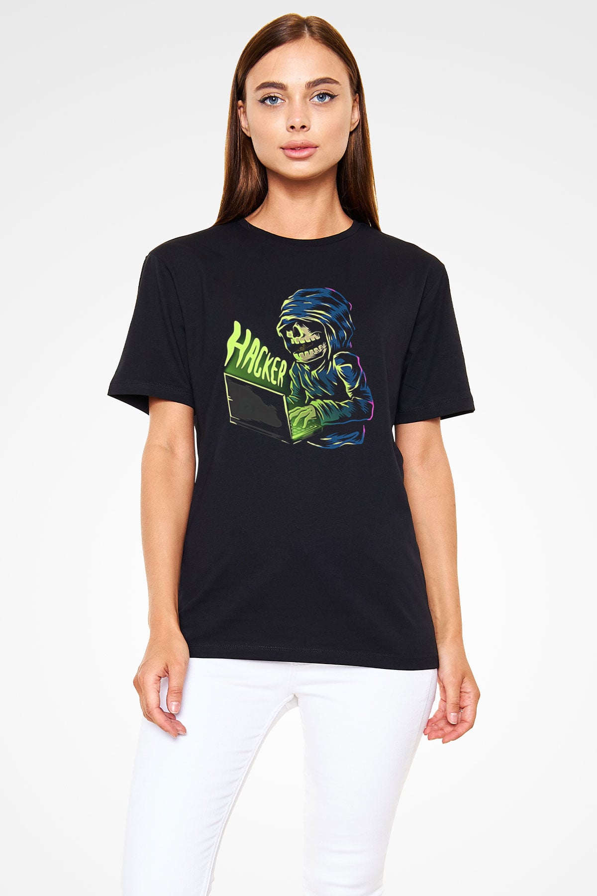 Hacker Baskılı Unisex Siyah Tişört - Tshirt