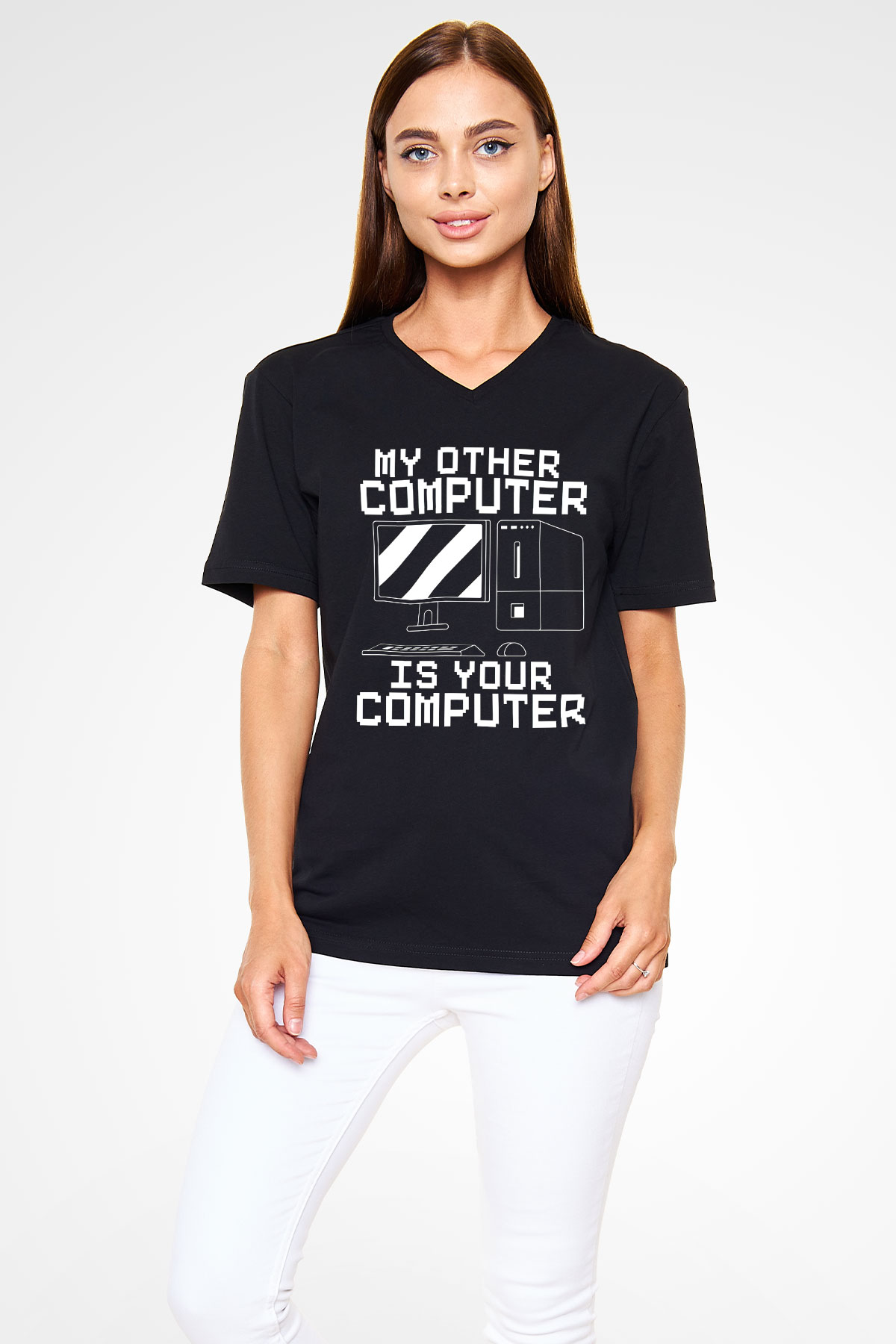 Hacker Baskılı Unisex Siyah V Yaka Tişört - Tshirt