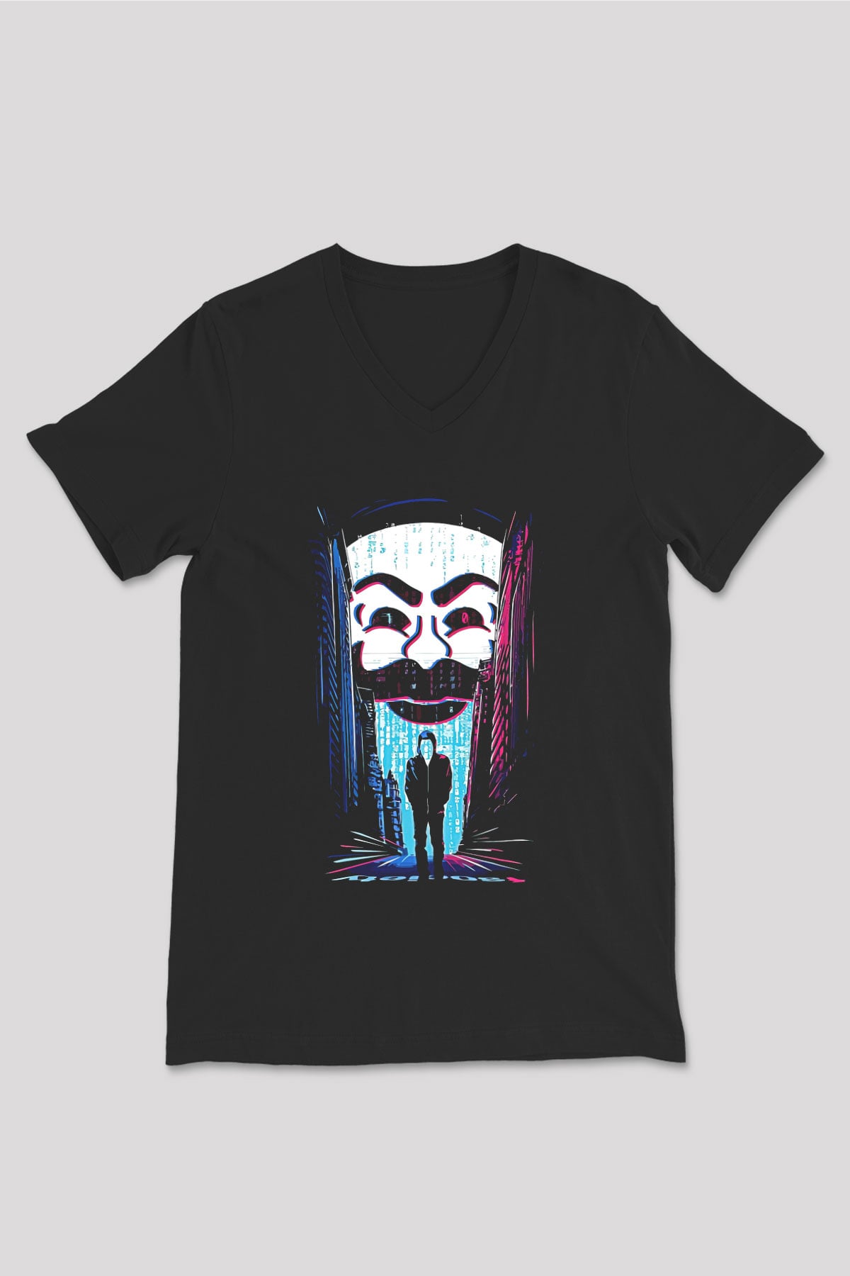 Hacker Baskılı Unisex Siyah V Yaka Tişört - Tshirt