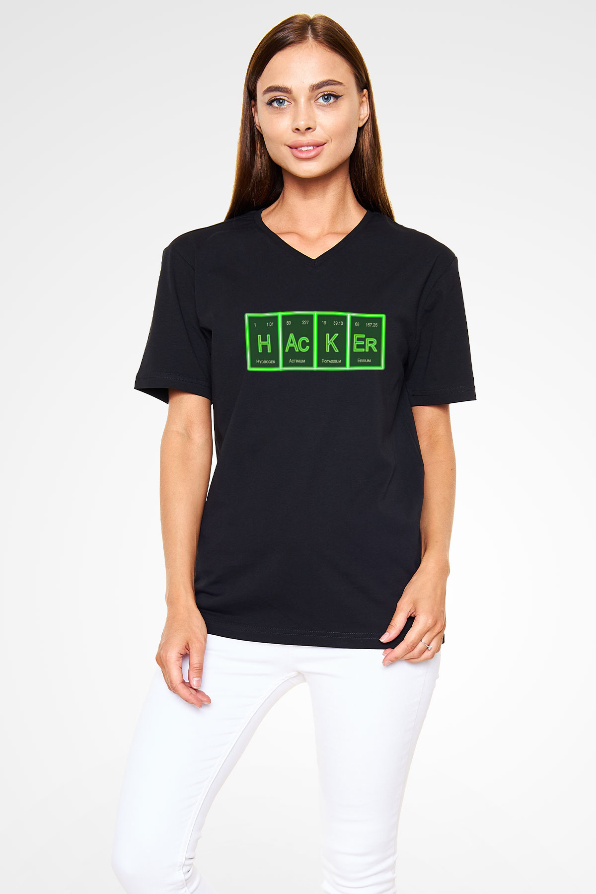 Hacker Baskılı Unisex Siyah V Yaka Tişört - Tshirt
