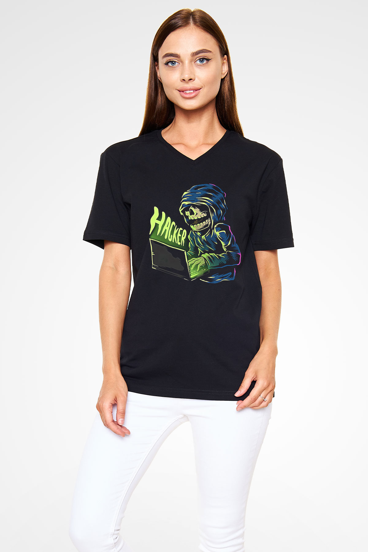 Hacker Baskılı Unisex Siyah V Yaka Tişört - Tshirt