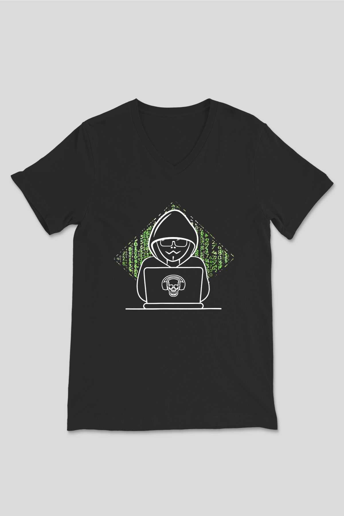 Hacker Baskılı Unisex Siyah V Yaka Tişört - Tshirt
