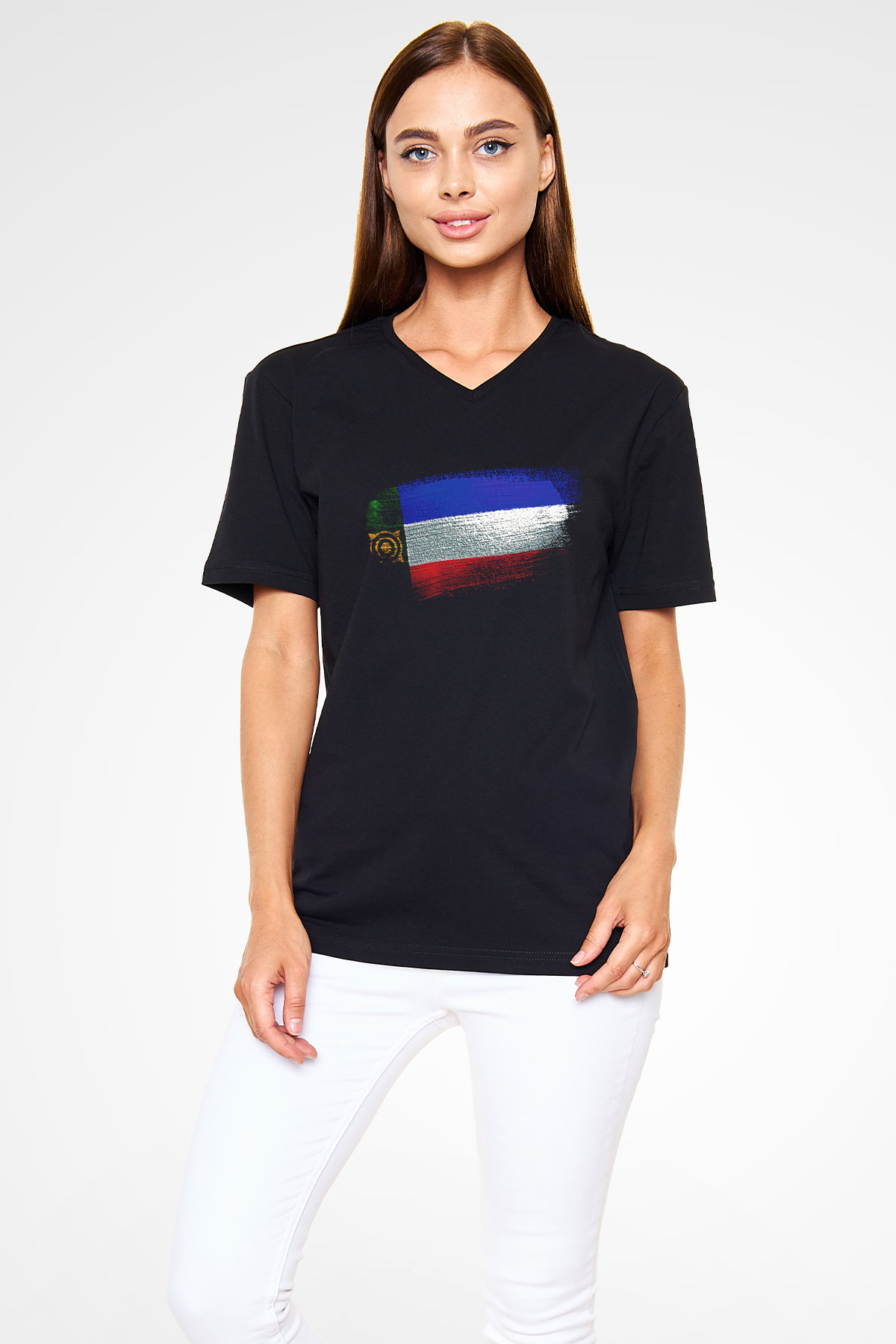 Hakasya - Khakassia Bayrağı Baskılı Unisex Siyah V Yaka Tişört