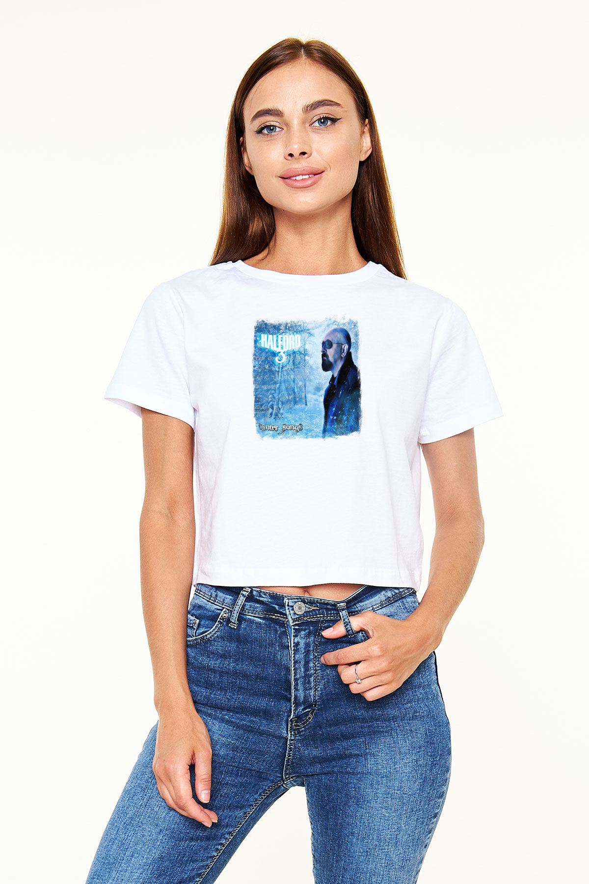 Halford Baskılı Unisex Beyaz Crop Top Tişört