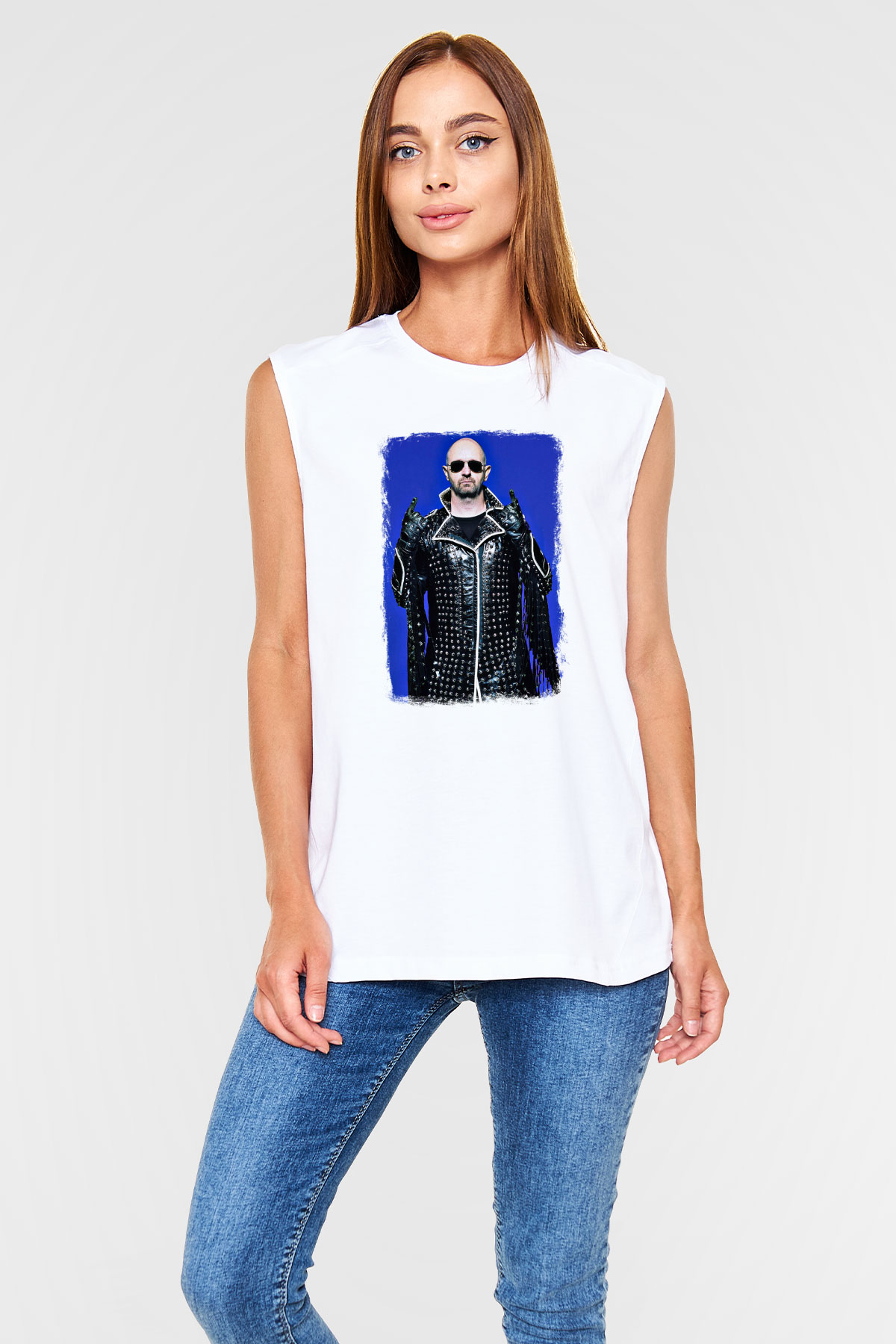 Halford Baskılı Unisex Beyaz Kolsuz Tişört