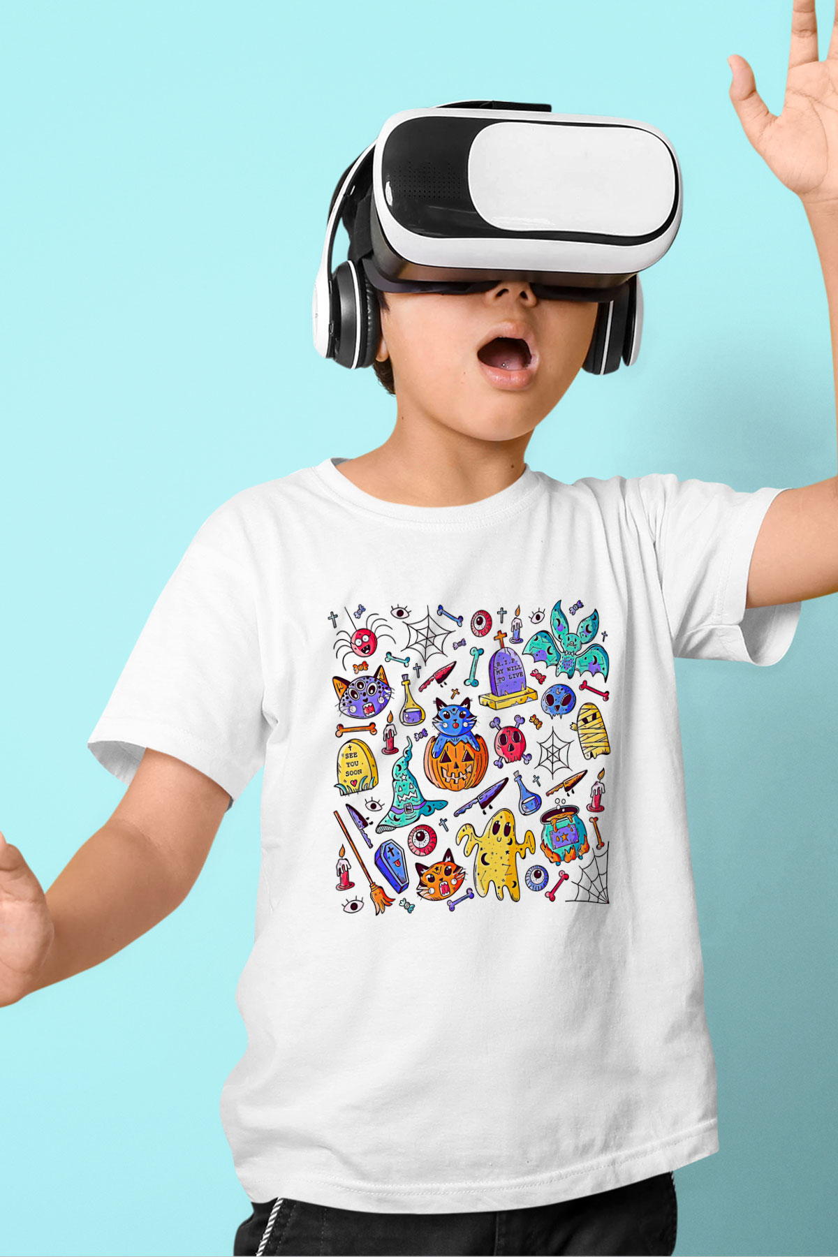 Halloween Baskılı Beyaz Unisex Beyaz Çocuk Tişört - Tshirt