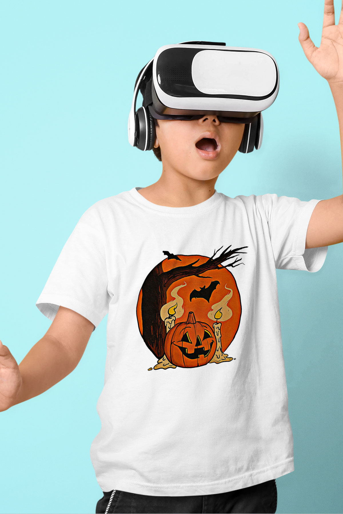 Halloween Baskılı Beyaz Unisex Beyaz Çocuk Tişört - Tshirt