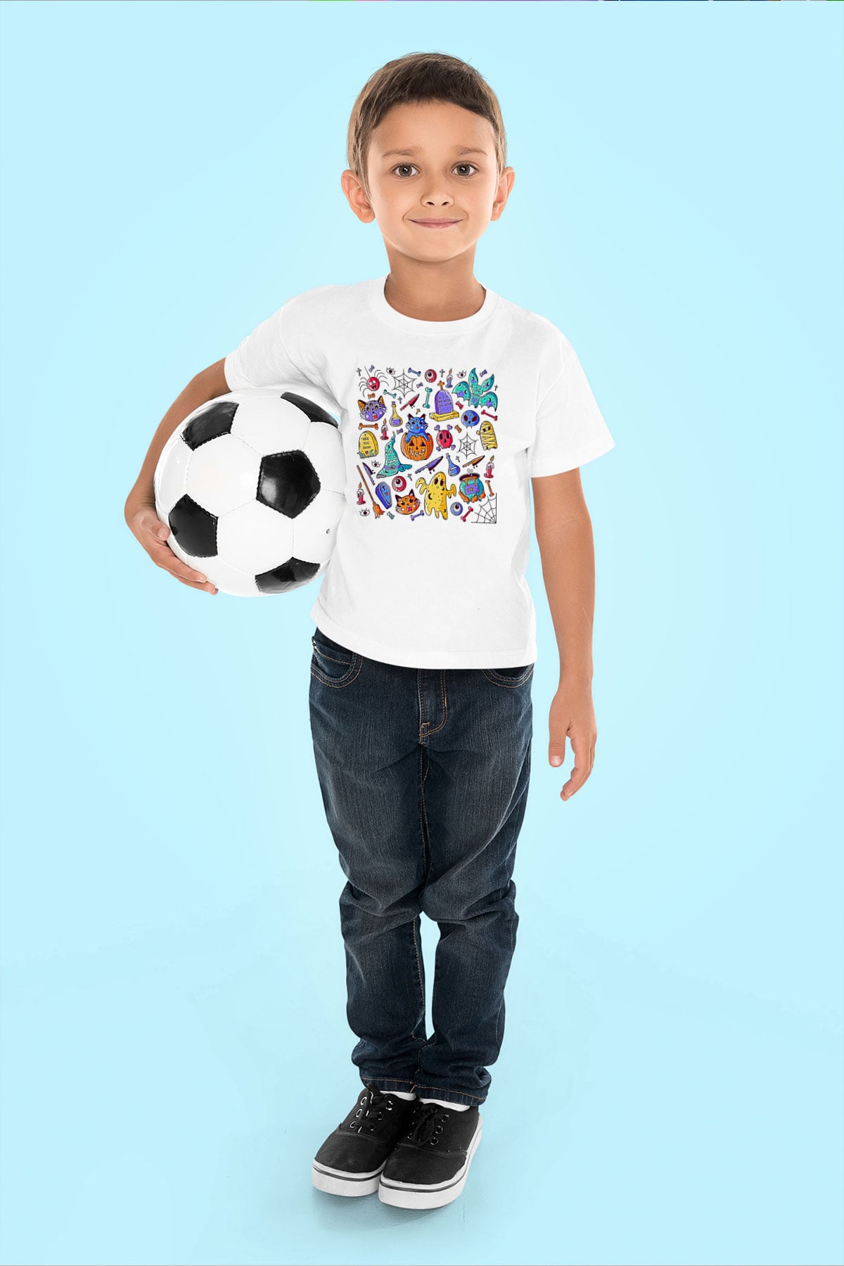 Halloween Baskılı Beyaz Unisex Beyaz Çocuk Tişört - Tshirt