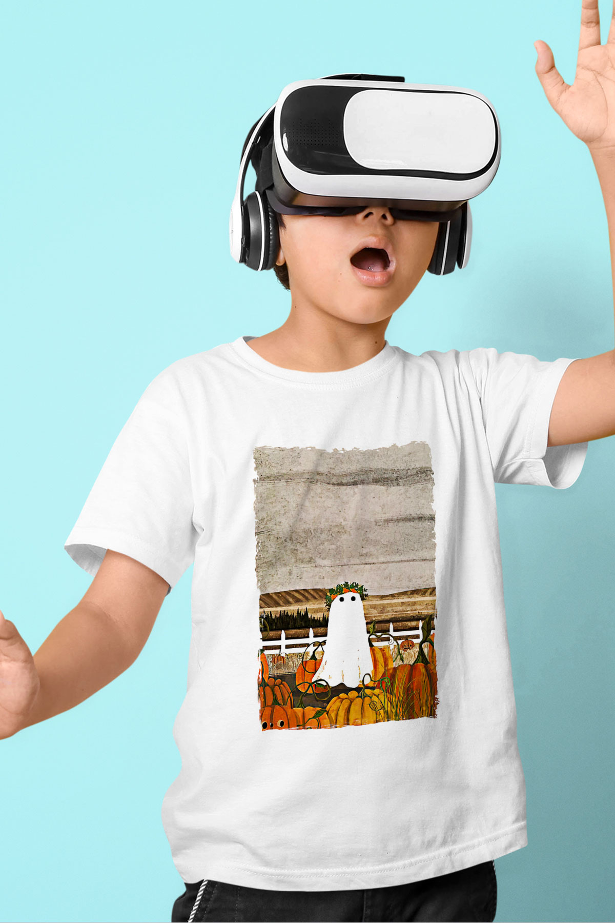 Halloween Baskılı Beyaz Unisex Beyaz Çocuk Tişört - Tshirt