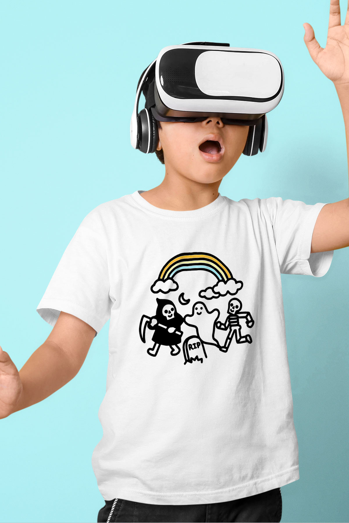 Halloween Baskılı Beyaz Unisex Beyaz Çocuk Tişört - Tshirt