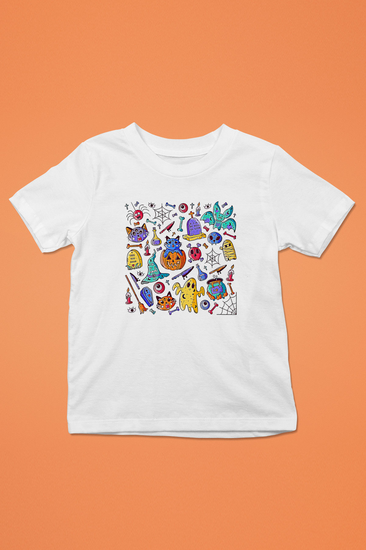Halloween Baskılı Beyaz Unisex Beyaz Çocuk Tişört - Tshirt