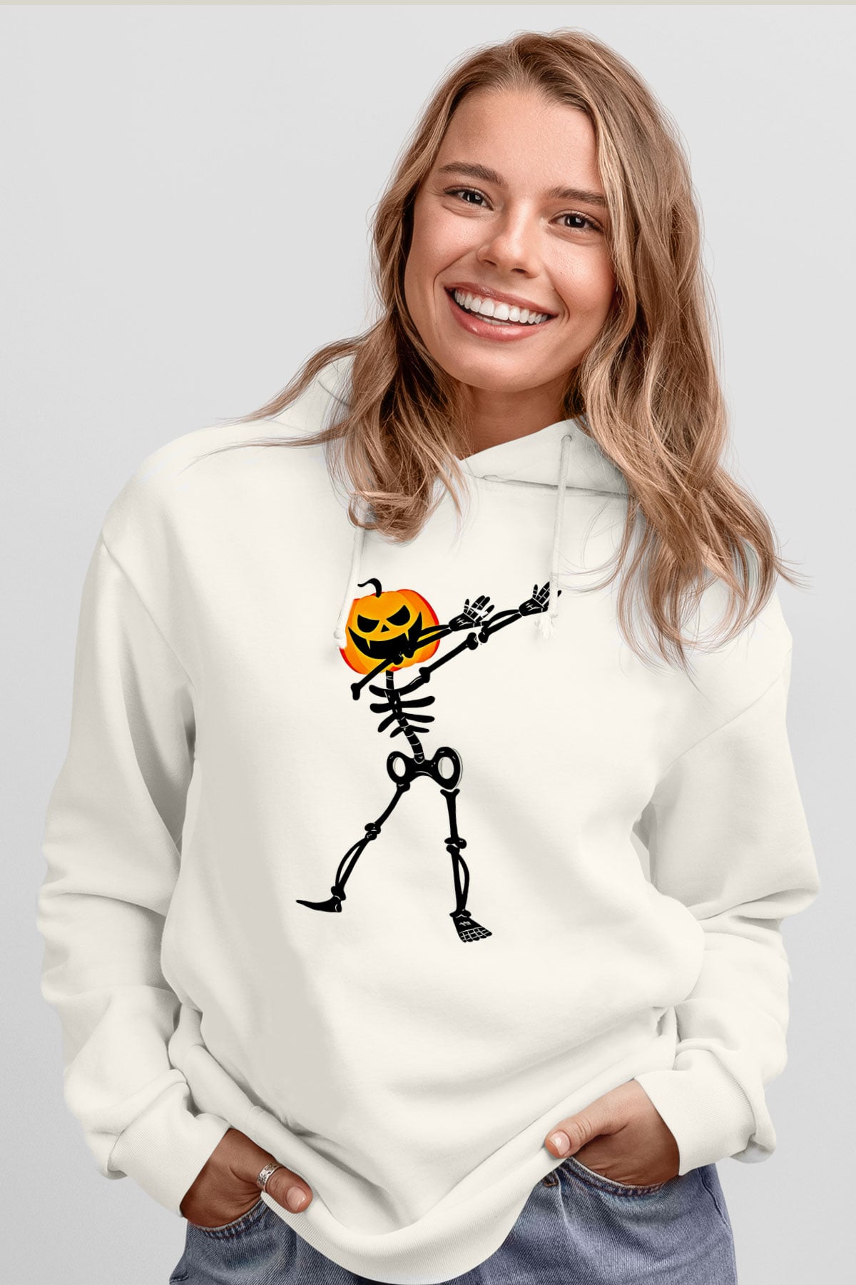 Halloween Baskılı Beyaz Unisex Hoodie