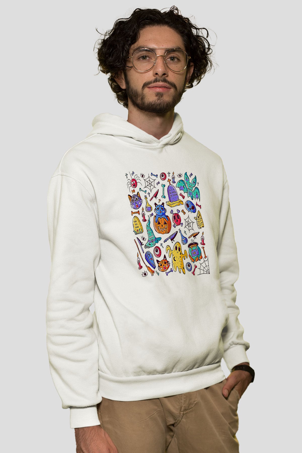Halloween Baskılı Beyaz Unisex Hoodie