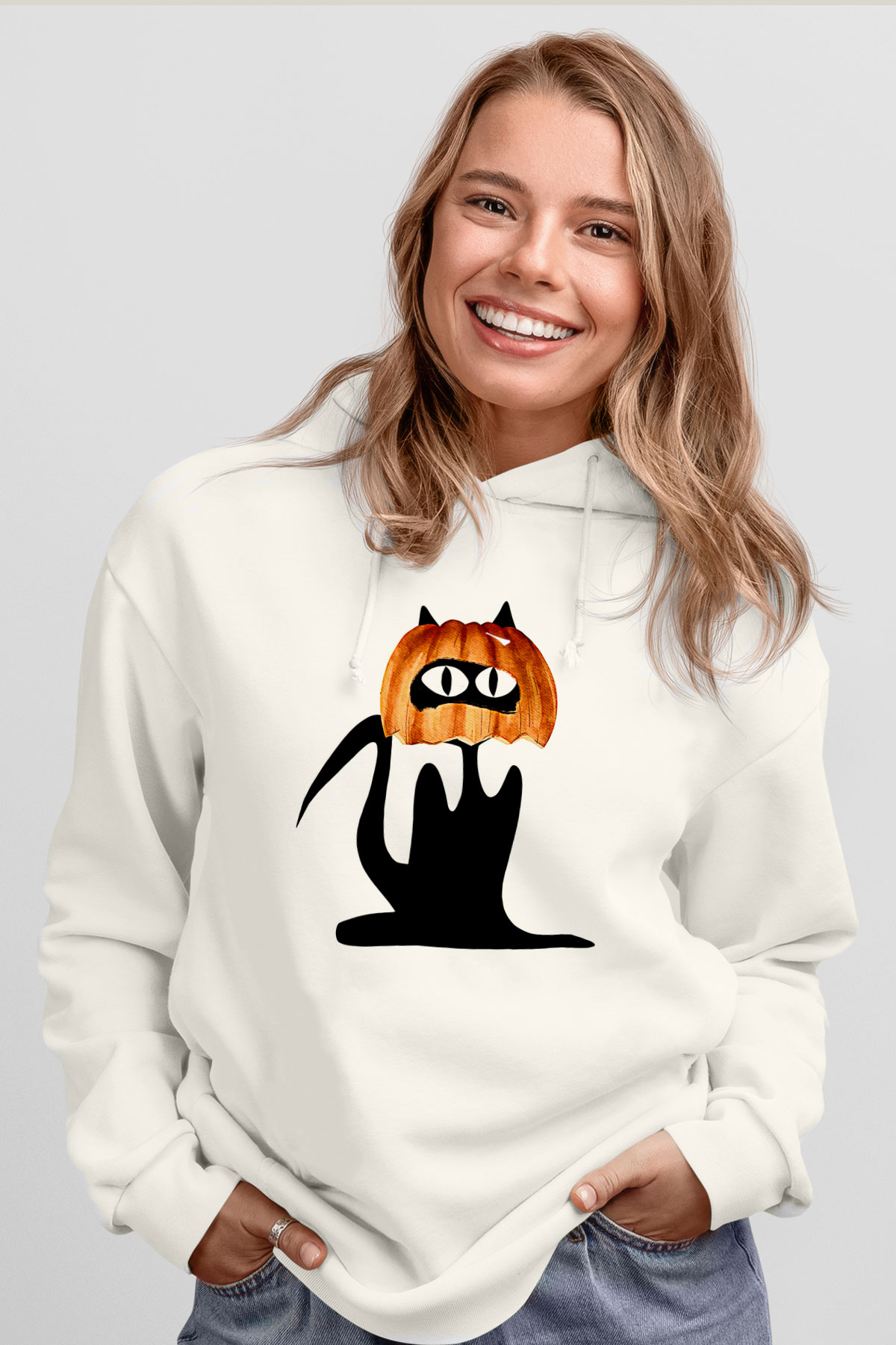 Halloween Baskılı Beyaz Unisex Hoodie