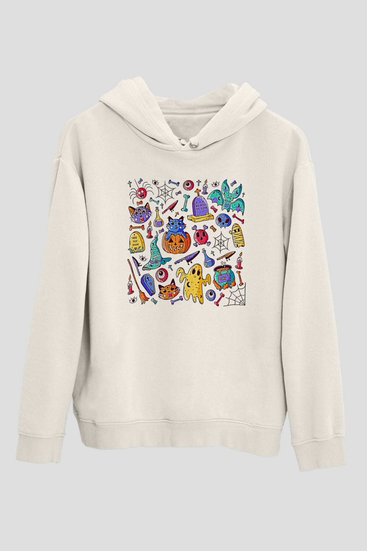 Halloween Baskılı Beyaz Unisex Hoodie