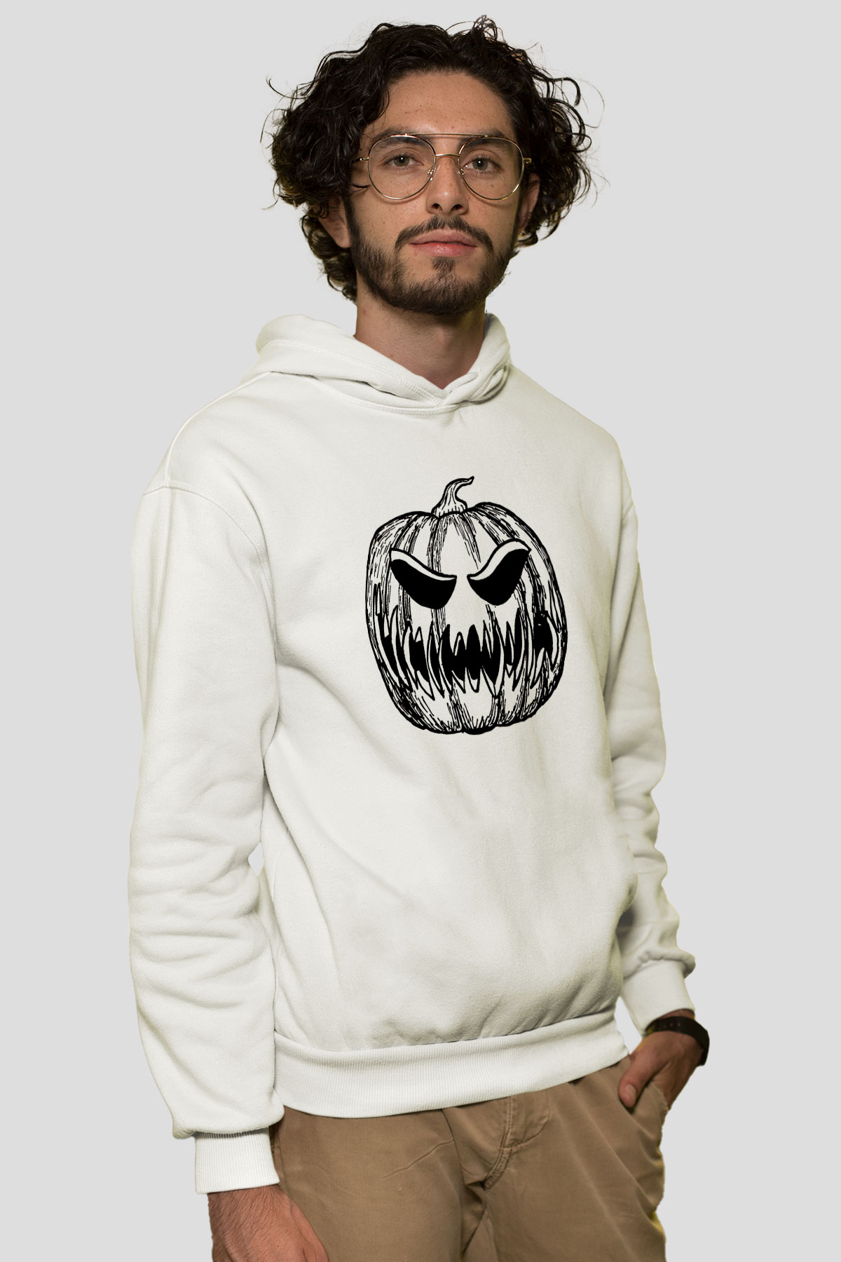 Halloween Baskılı Beyaz Unisex Hoodie