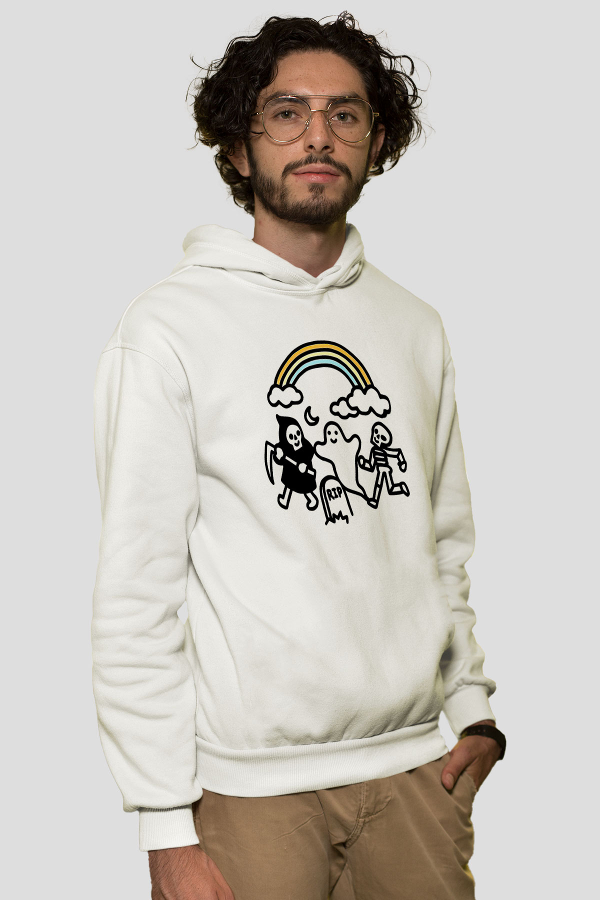 Halloween Baskılı Beyaz Unisex Kapüşonlu Sweatshirt