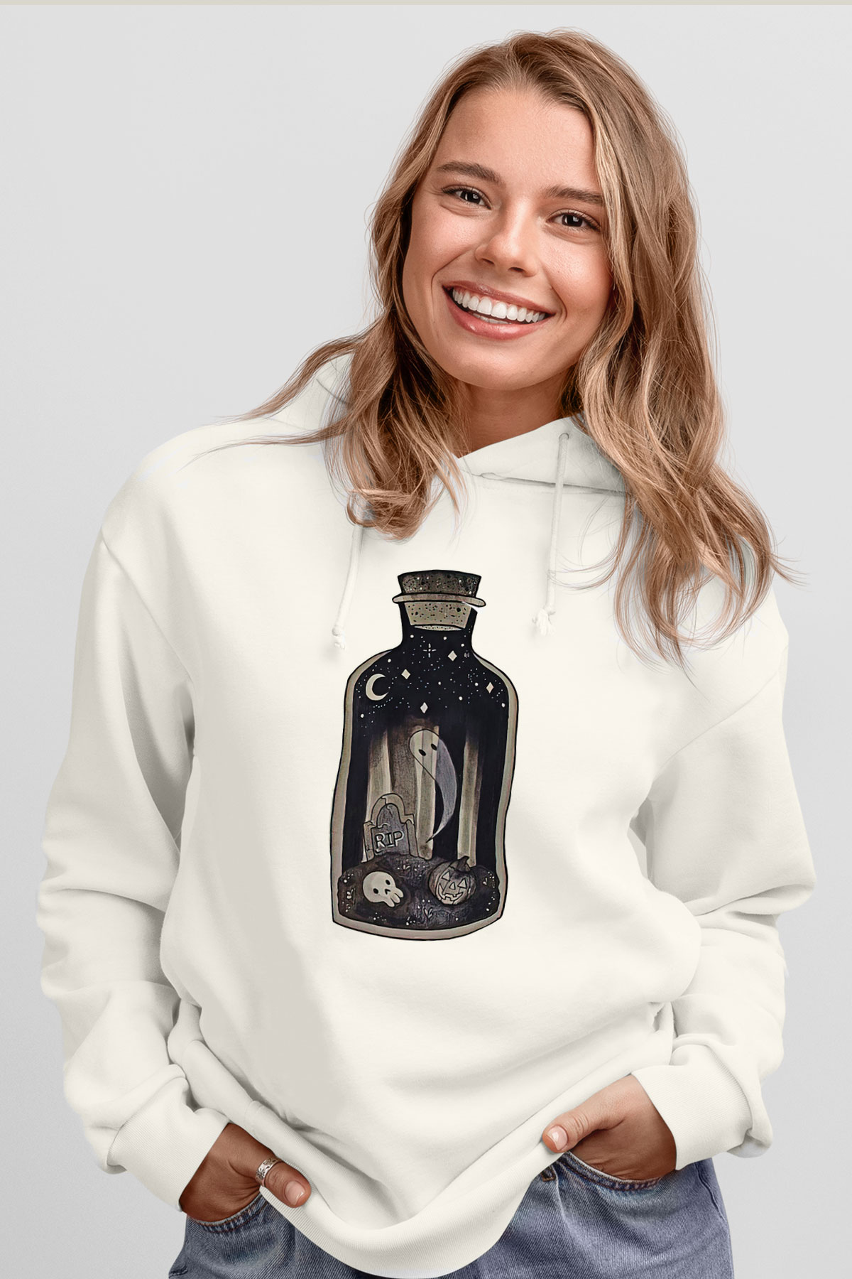 Halloween Baskılı Beyaz Unisex Kapüşonlu Sweatshirt
