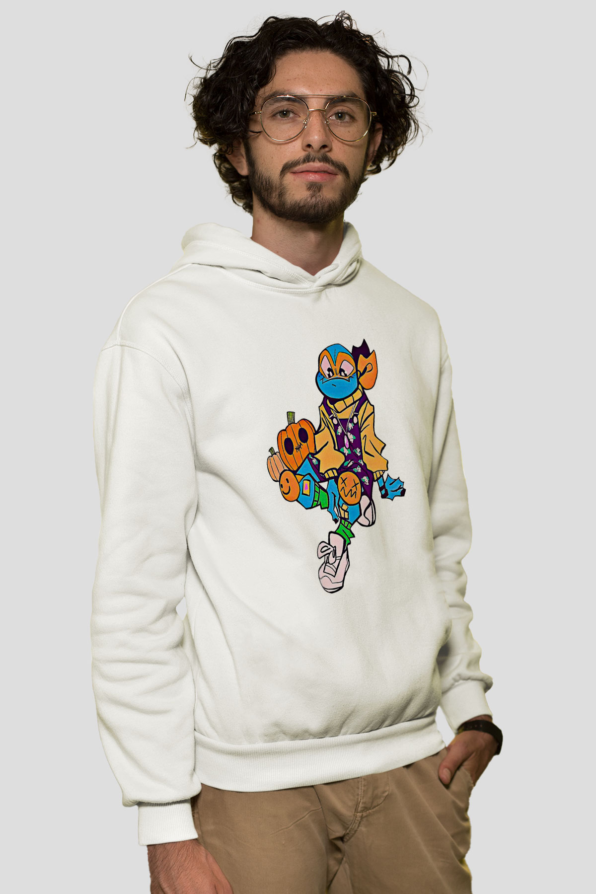 Halloween Baskılı Beyaz Unisex Kapüşonlu Sweatshirt