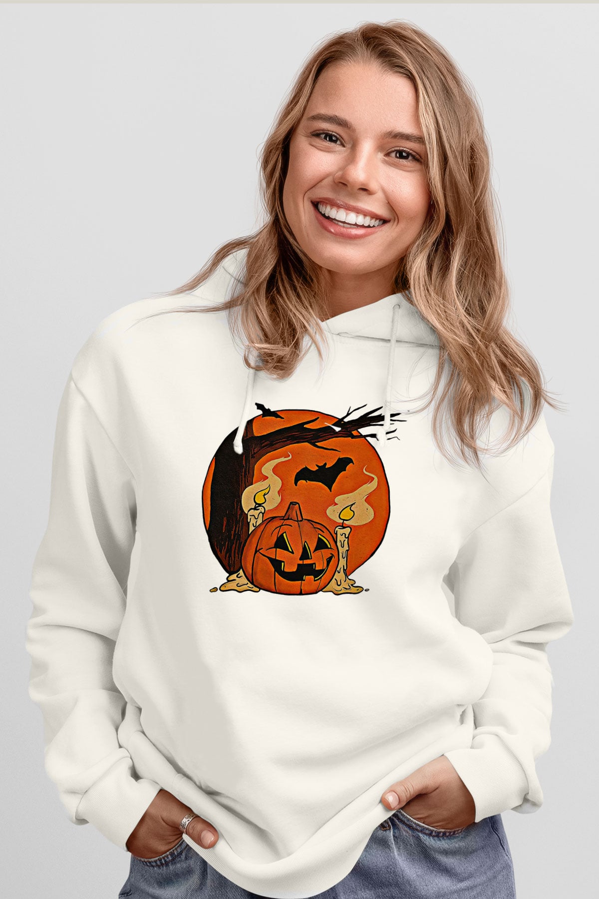 Halloween Baskılı Beyaz Unisex Kapüşonlu Sweatshirt