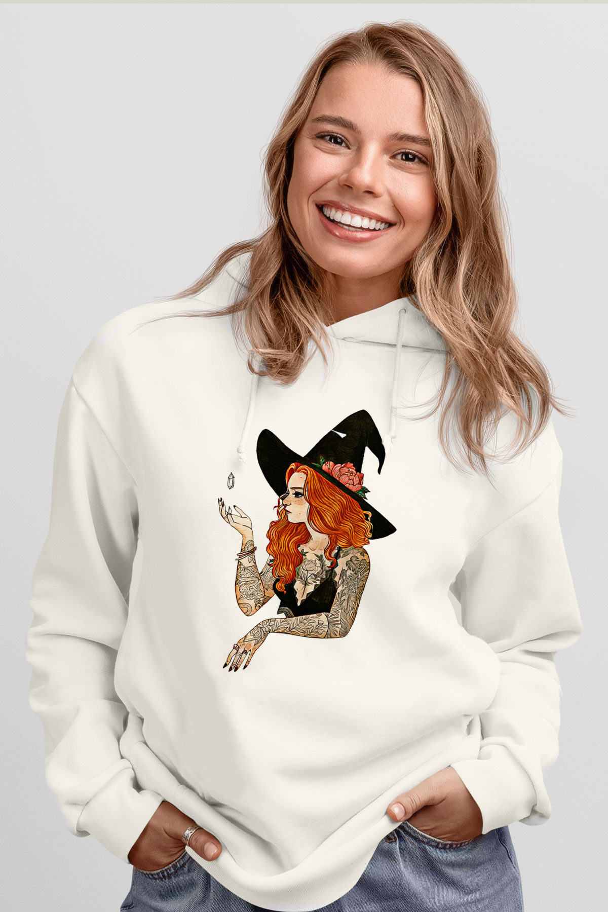Halloween Baskılı Beyaz Unisex Kapüşonlu Sweatshirt