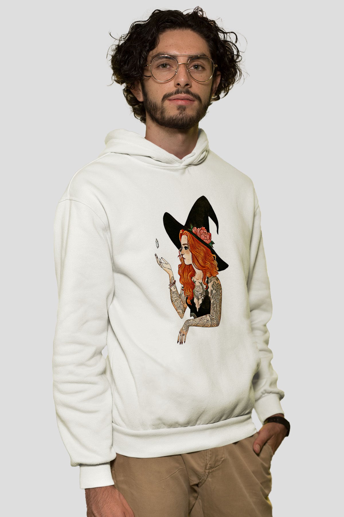 Halloween Baskılı Beyaz Unisex Kapüşonlu Sweatshirt