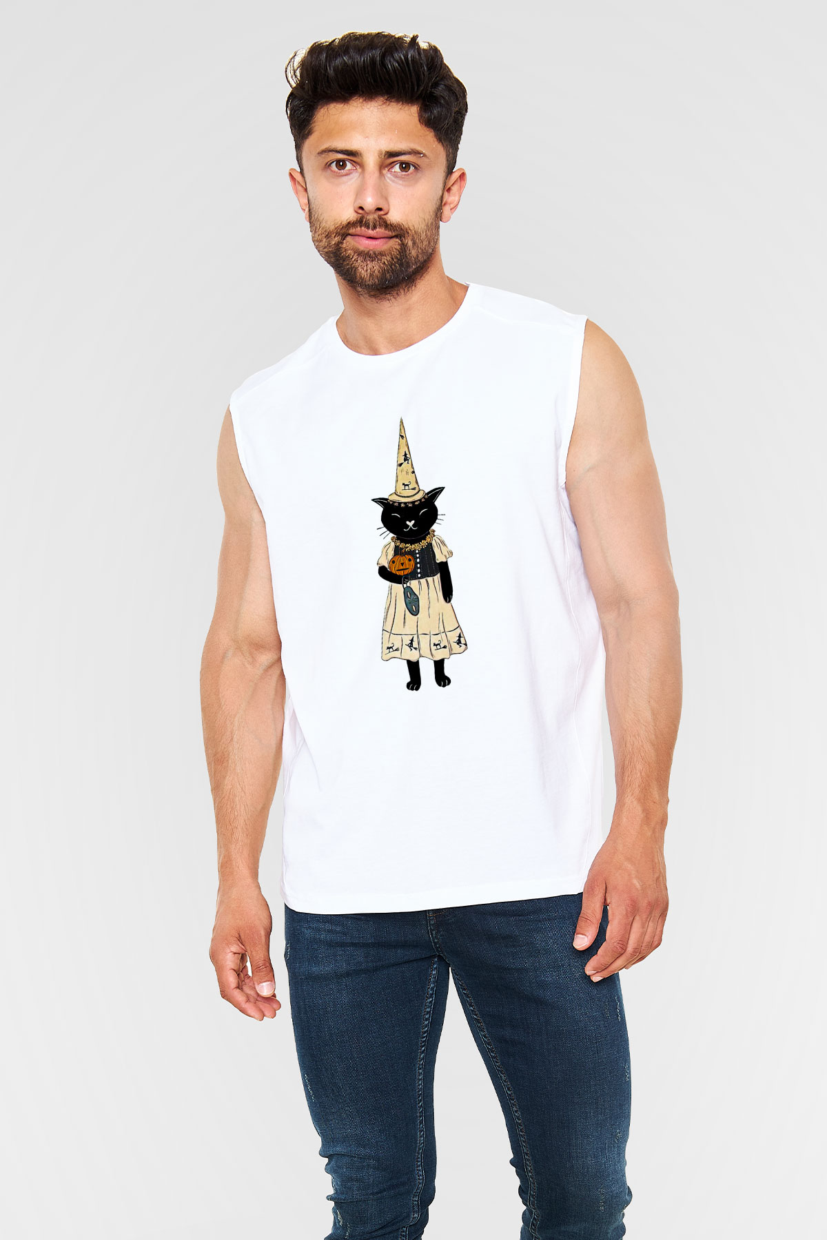 Halloween Baskılı Beyaz Unisex Kolsuz Tişört - Tshirt