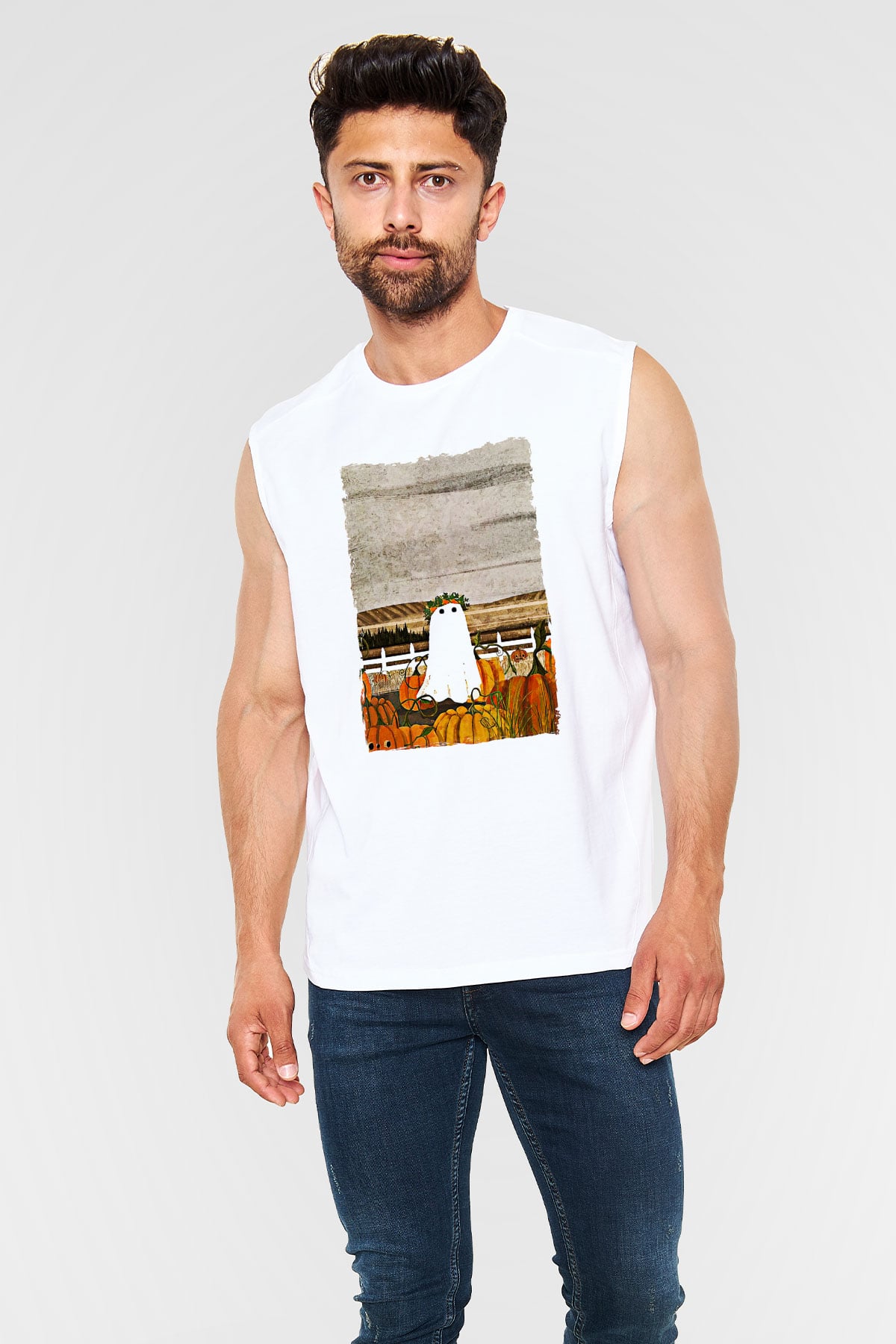 Halloween Baskılı Beyaz Unisex Kolsuz Tişört - Tshirt