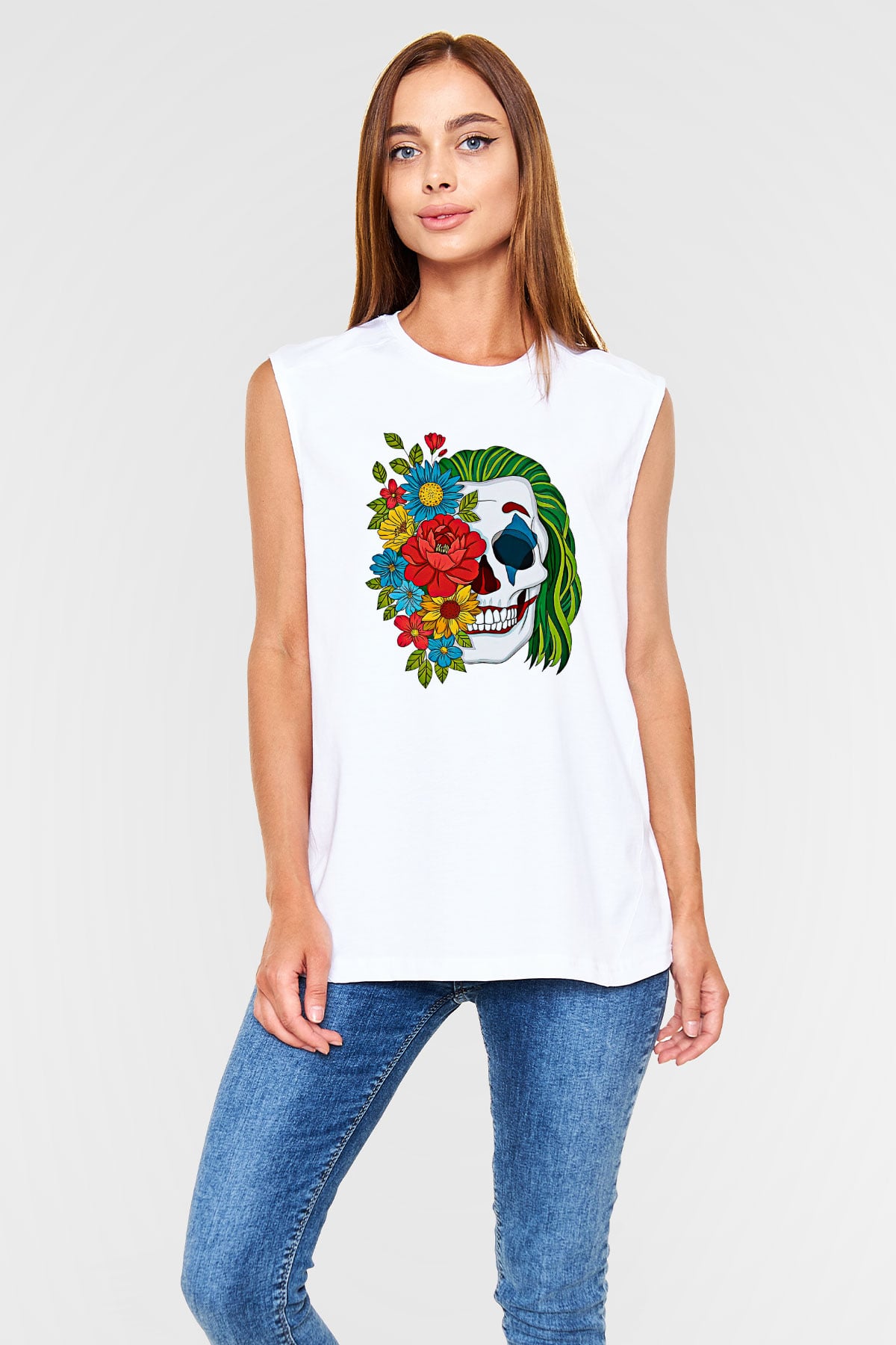 Halloween Baskılı Beyaz Unisex Kolsuz Tişört - Tshirt