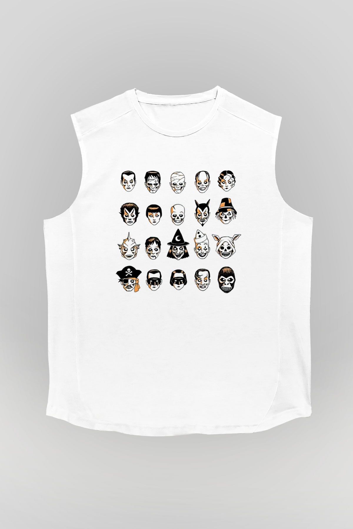 Halloween Baskılı Beyaz Unisex Kolsuz Tişört - Tshirt