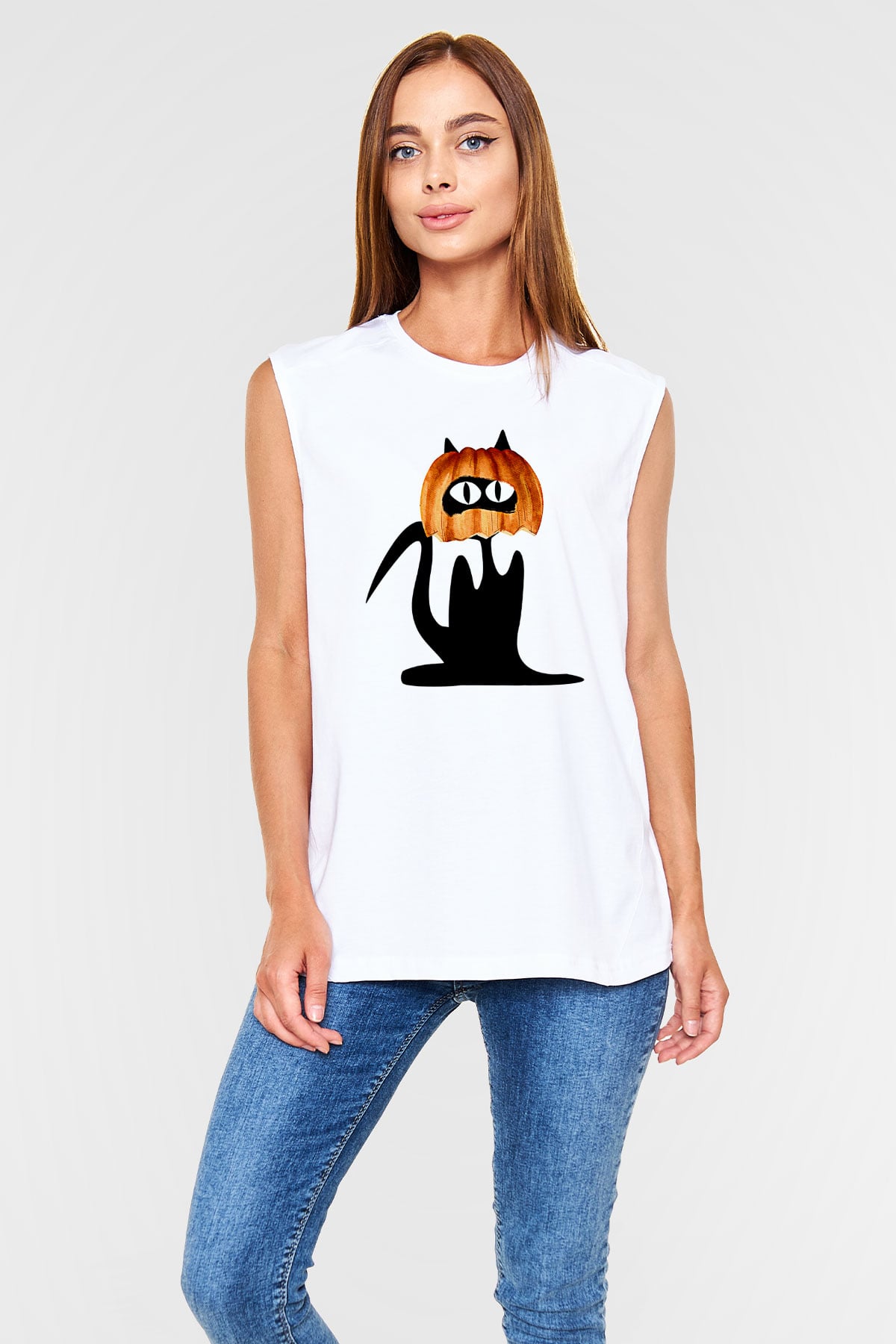Halloween Baskılı Beyaz Unisex Kolsuz Tişört - Tshirt