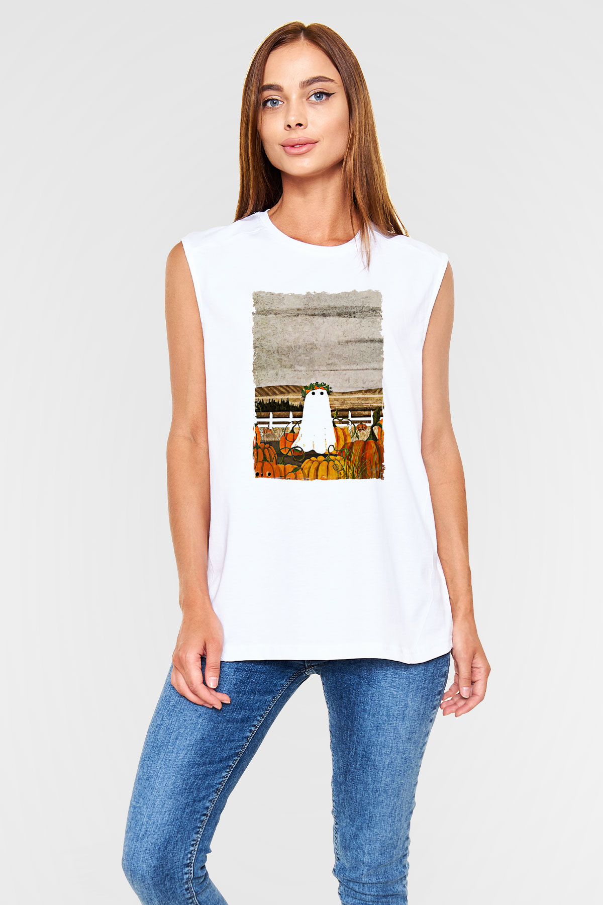 Halloween Baskılı Beyaz Unisex Kolsuz Tişört - Tshirt