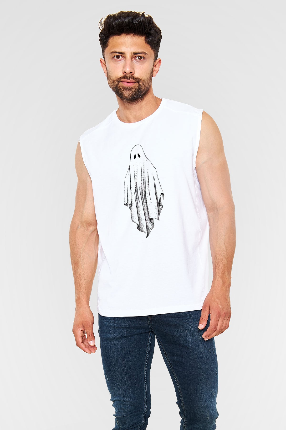 Halloween Baskılı Beyaz Unisex Kolsuz Tişört - Tshirt